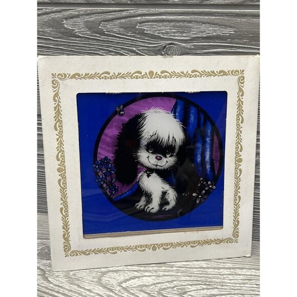 Vintage Groovy Puppy Dog Blue Purple Carnival Prize 1980s Glass Mirror 6” READ - Picture 1 of 8